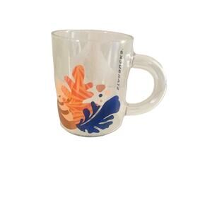 VTG 2000 Starbucks Glass Mug Cup Orange Blue Leaves 12oz
